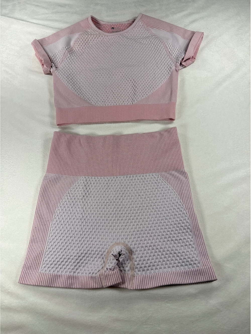 Pink and White Textured Two-Piece Activewear Set Size Small